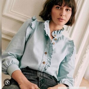 Sezane Eva Denim Ruffled Blouse Sz. 6